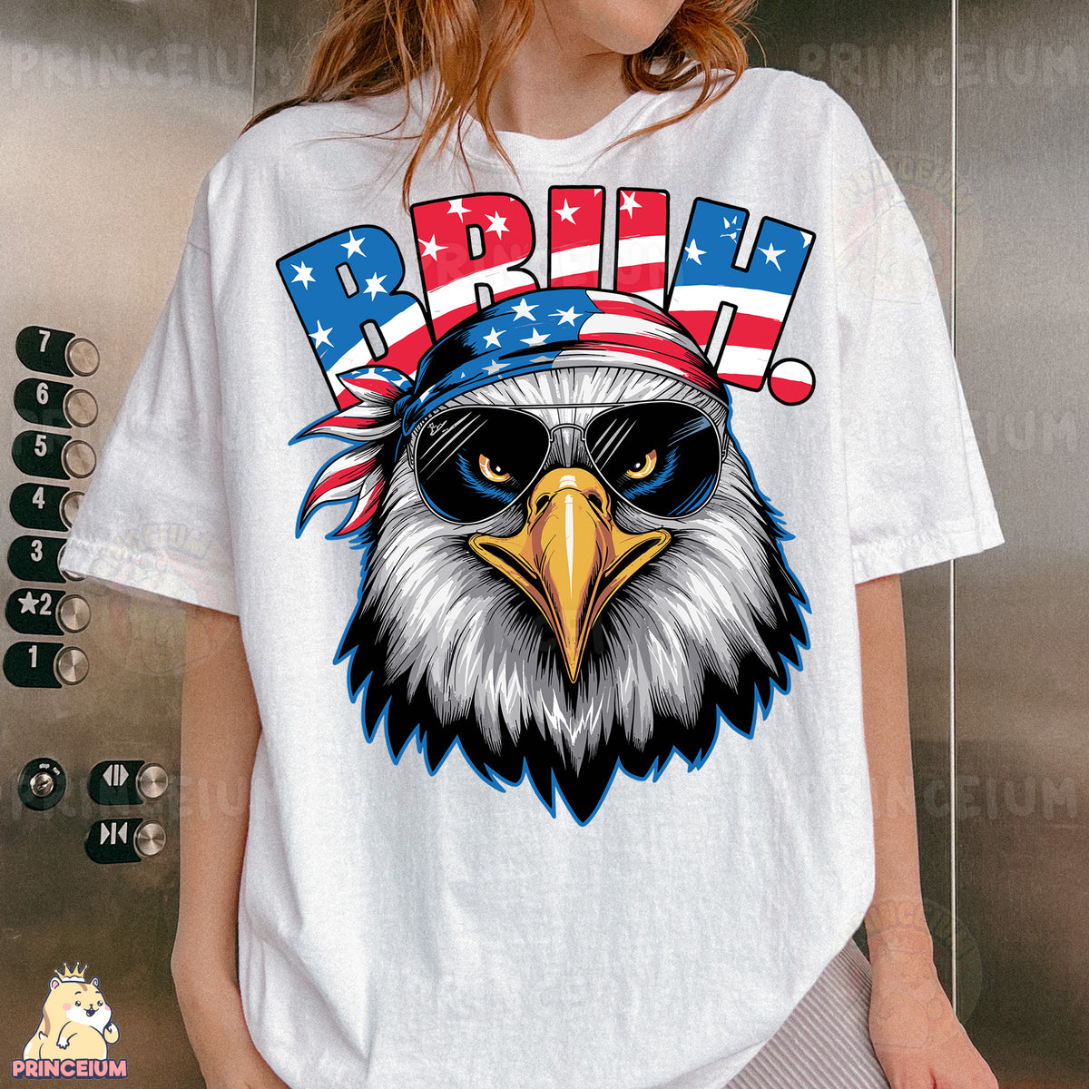a woman wearing a t - shirt with an eagle on it