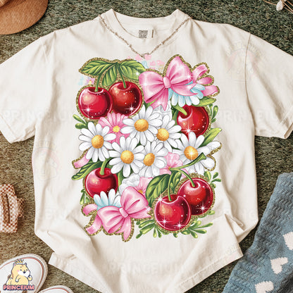 a t - shirt with a picture of cherries and daisies