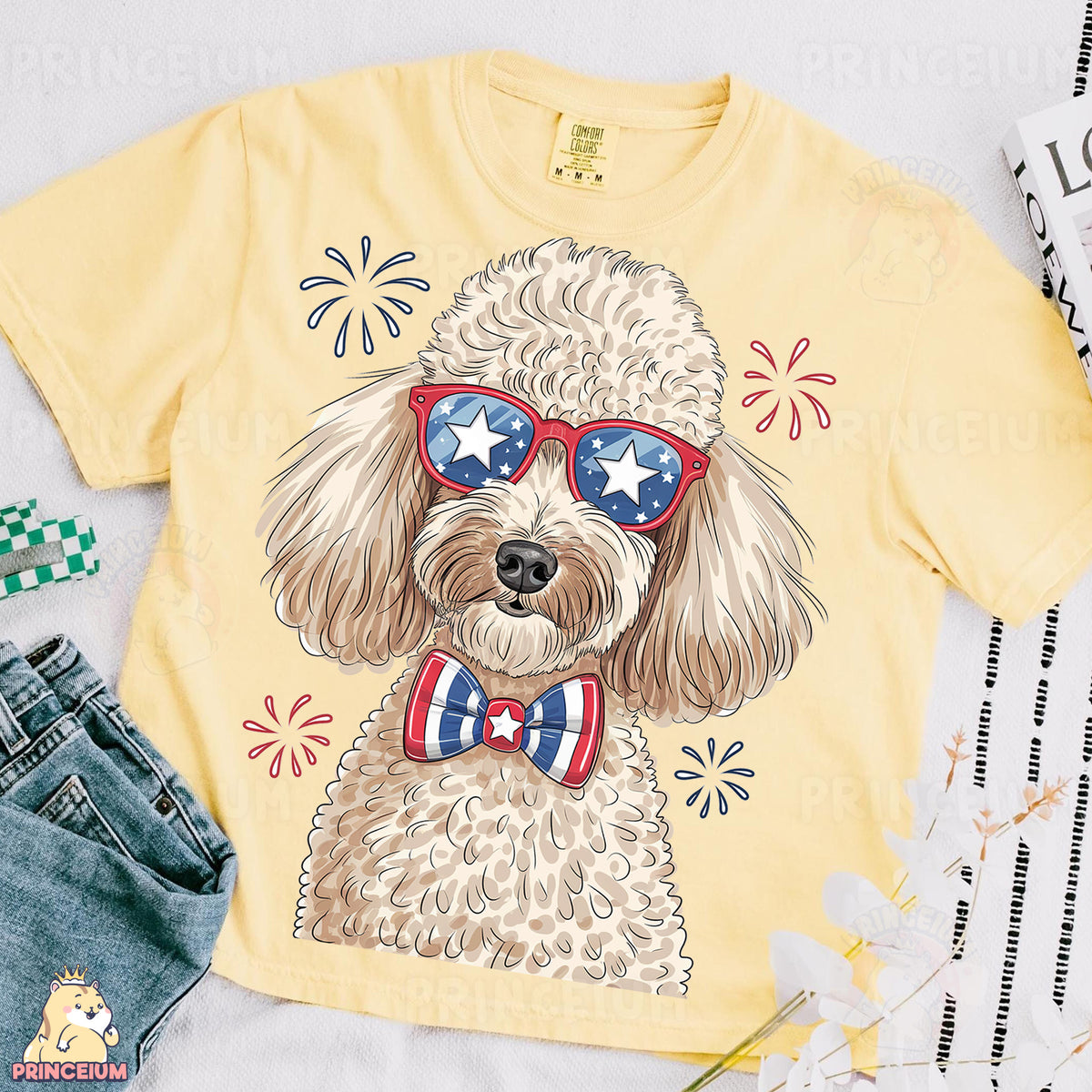 a dog wearing sunglasses and a bow tie