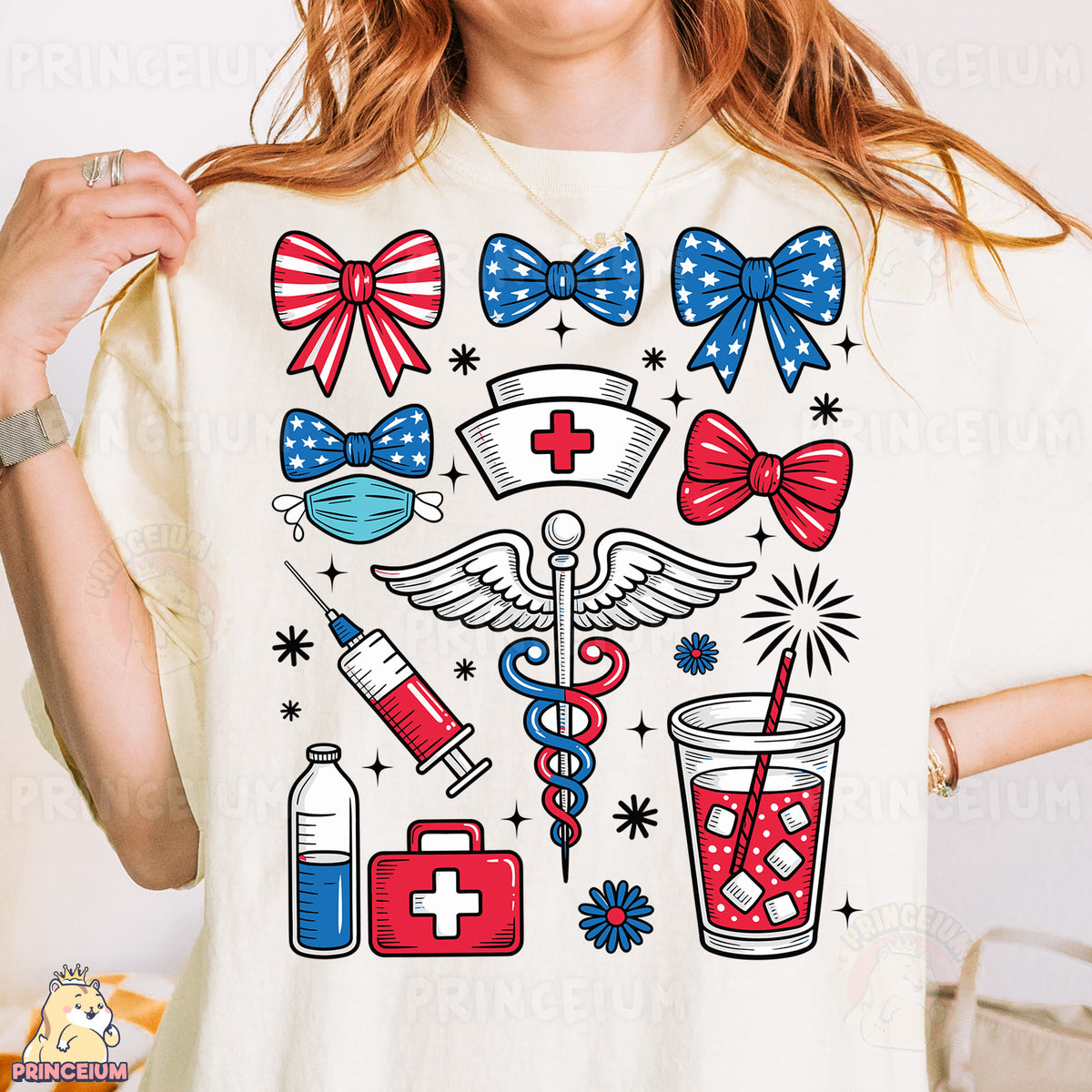 a woman wearing a white t - shirt with red, white, and blue designs