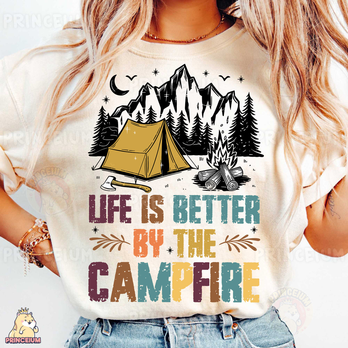 a woman wearing a t - shirt that says life is better by the campfire