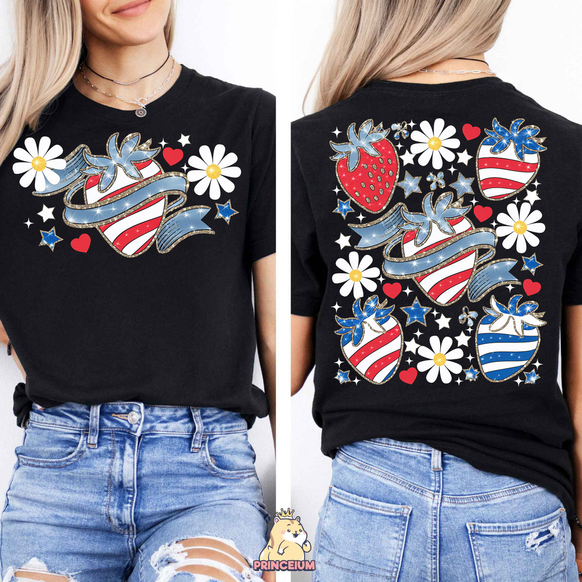 a woman wearing a black shirt with flowers and hearts on it