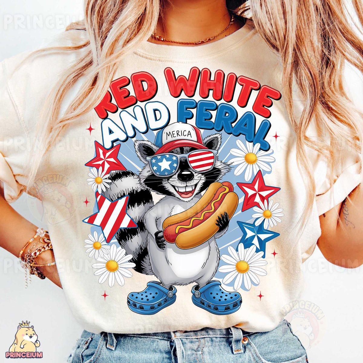 a woman wearing a red white and blue shirt with a raccoon eating a
