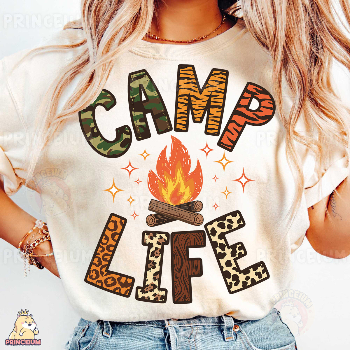a woman wearing a t - shirt that says camp life
