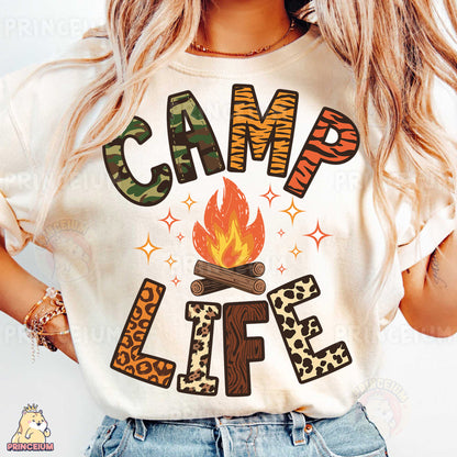 a woman wearing a t - shirt that says camp life