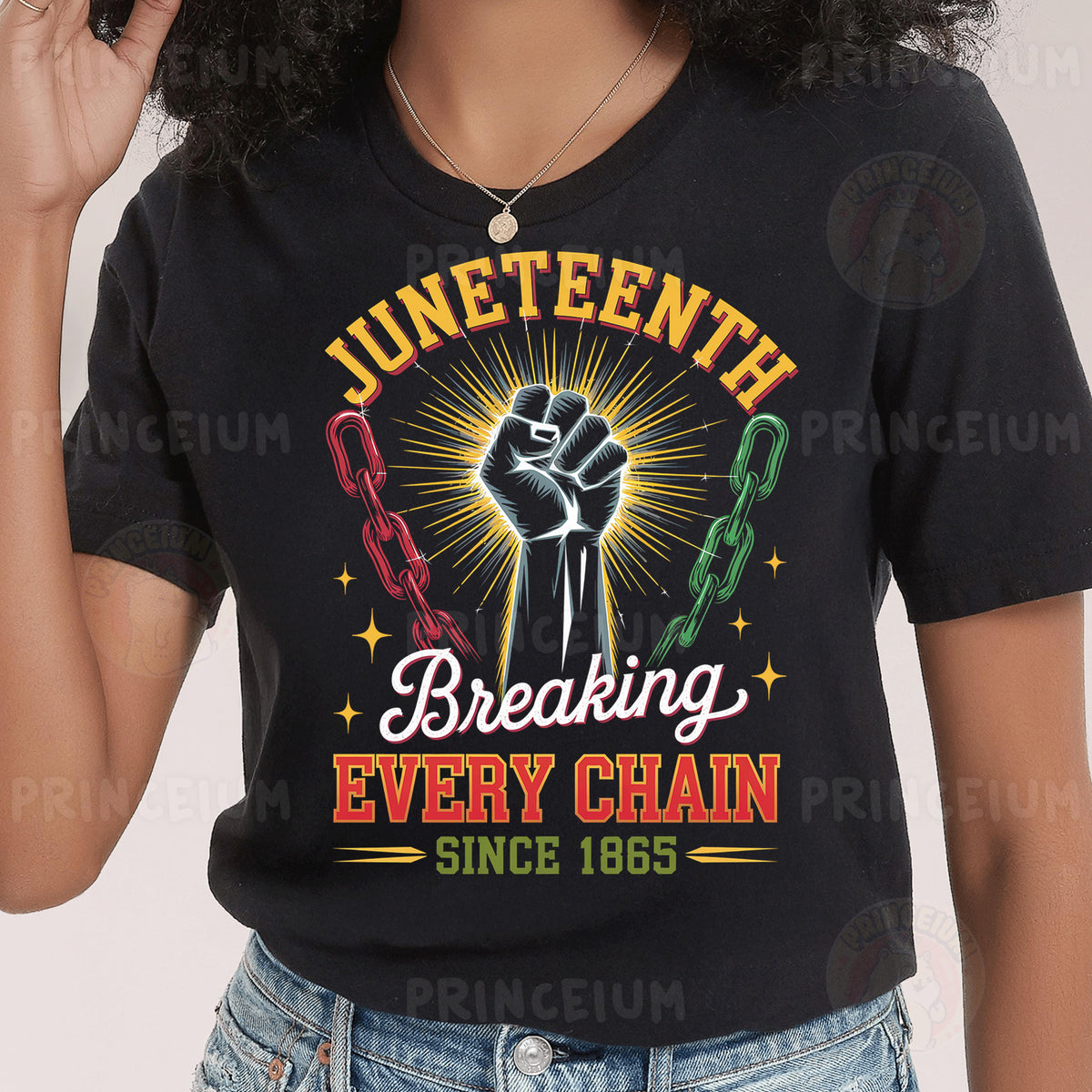 a woman wearing a black t - shirt with the words juneteeth breaking every