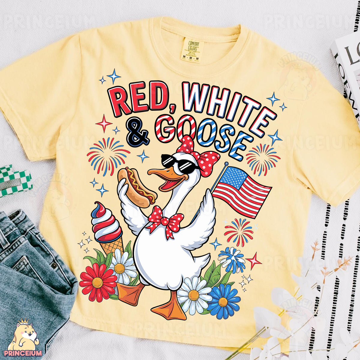 a red, white and goose shirt with an american flag on it