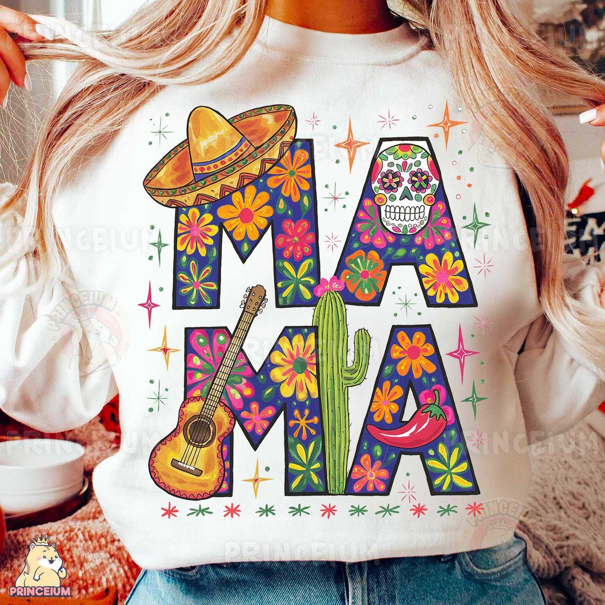a woman wearing a white t - shirt with a mexican design