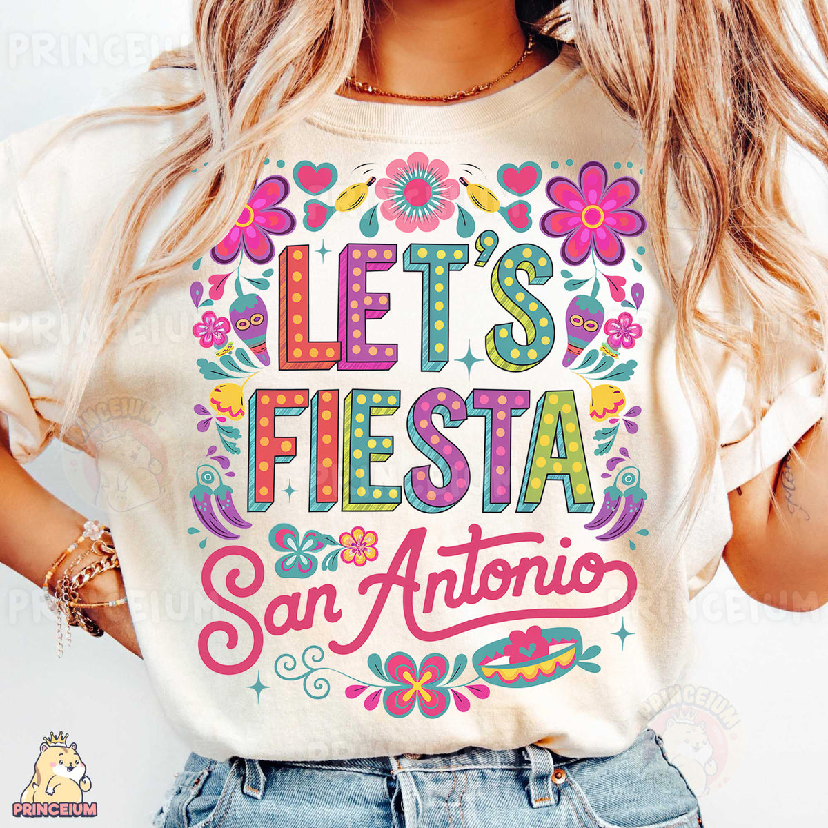 a woman wearing a t - shirt that says let's fiesta