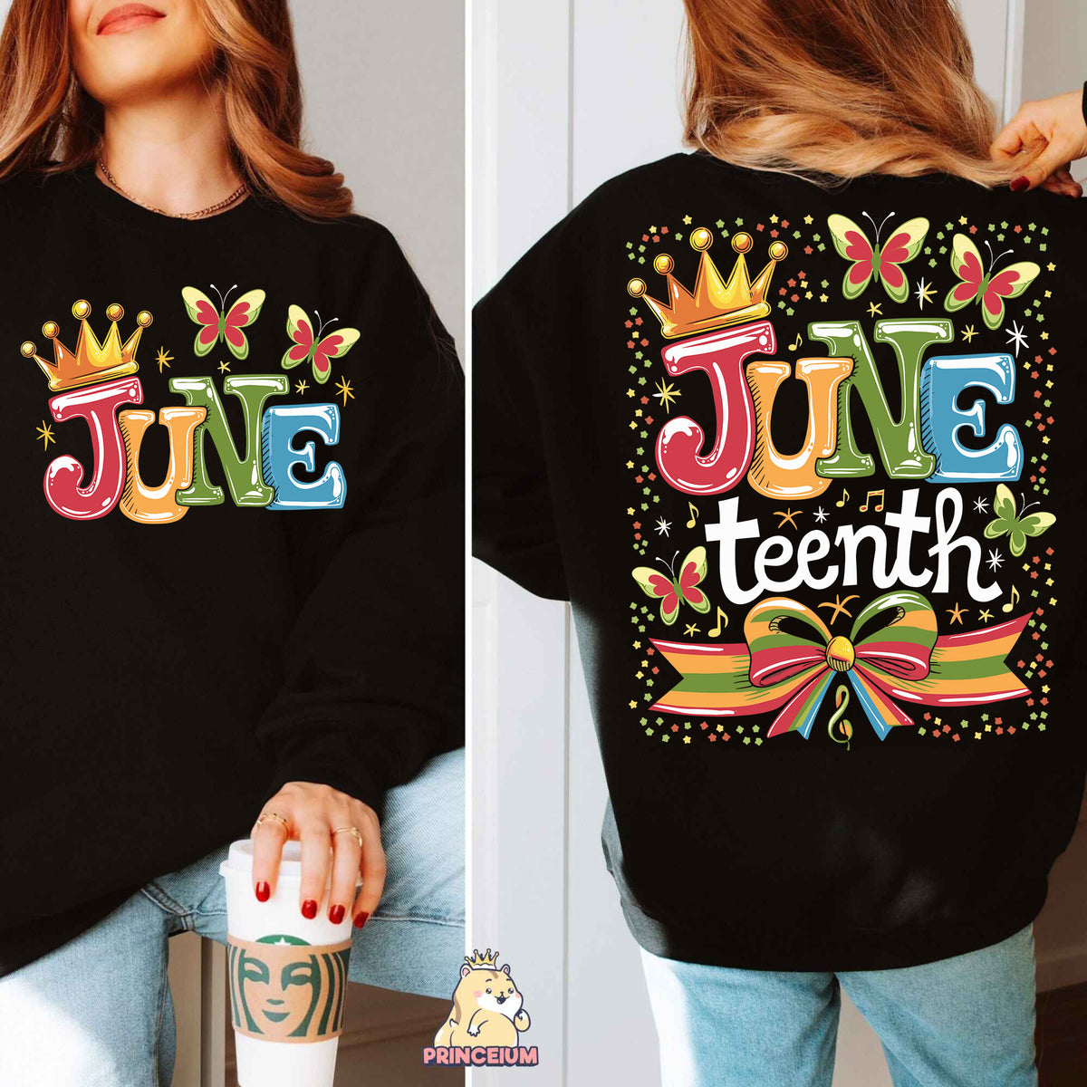 a woman wearing a black sweater with the word june on it