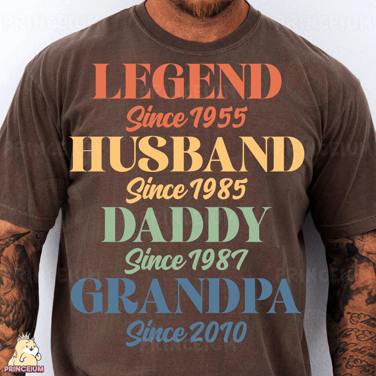 a man wearing a brown shirt with the words legend since 1953