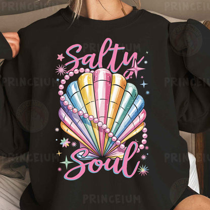 a woman wearing a black shirt that says salty soul