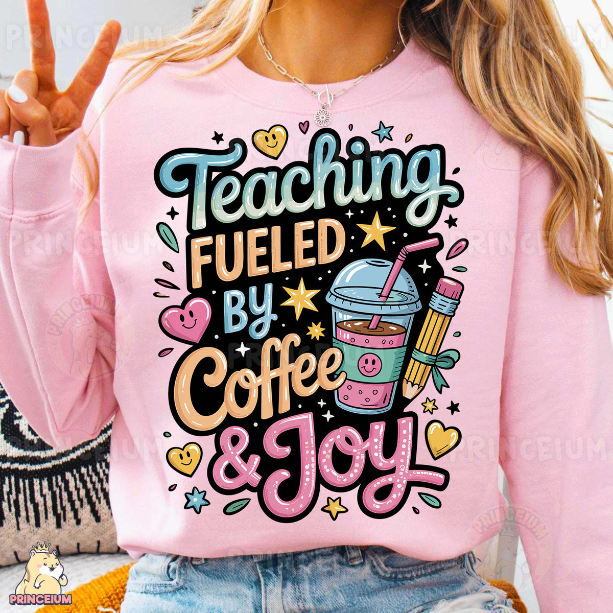 a woman wearing a pink shirt that says teaching fueled by coffee and joy