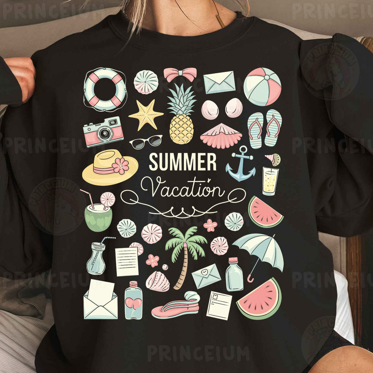 a woman wearing a black shirt that says summer vacation