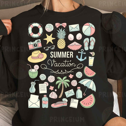 a woman wearing a black shirt that says summer vacation