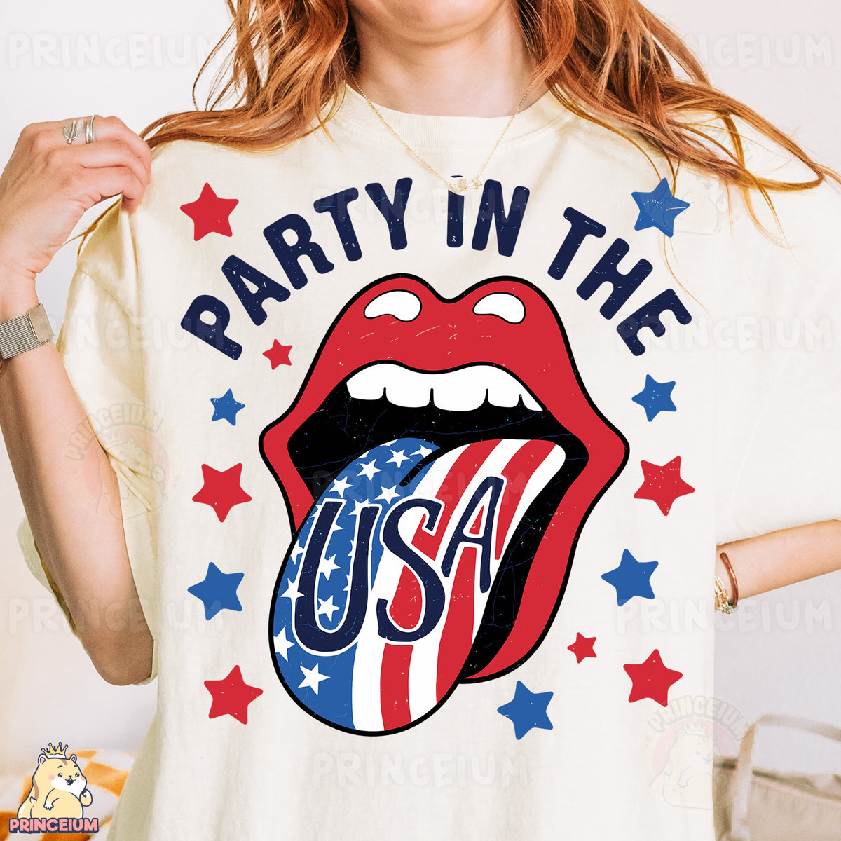 a woman wearing a party in the usa shirt