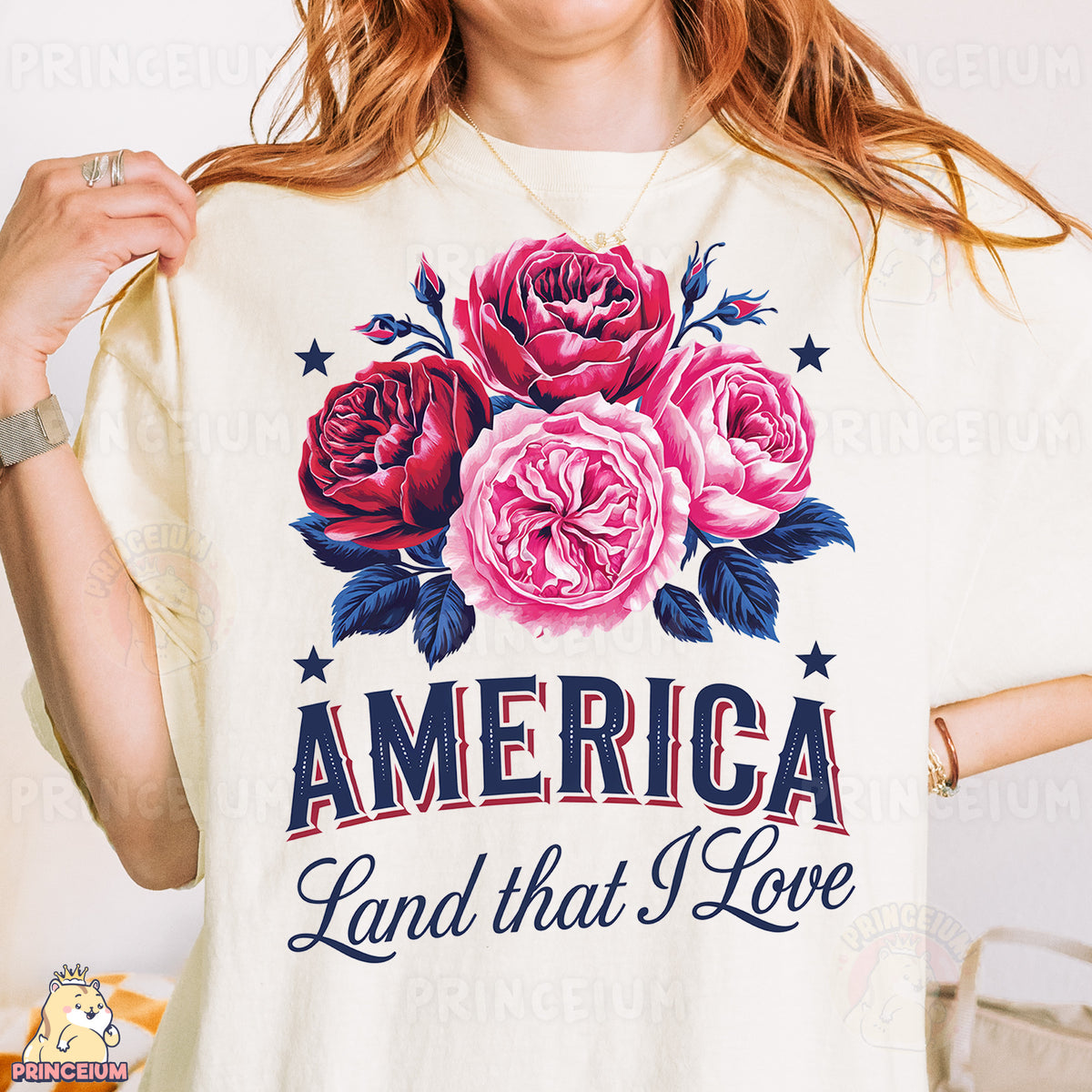 a woman wearing a t - shirt that says america land that i love