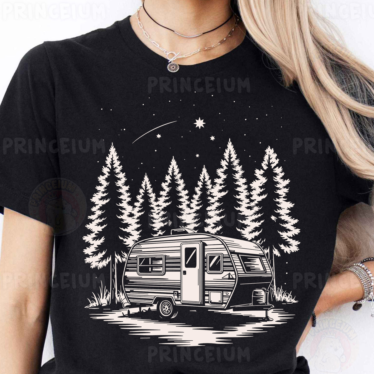 a woman wearing a black t - shirt with a camper on it
