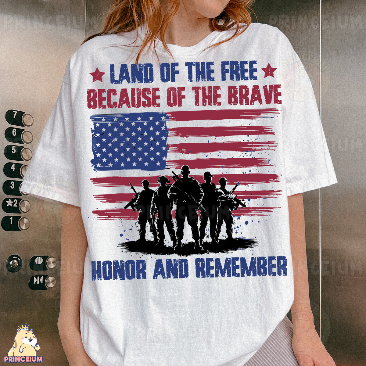 a woman wearing a t - shirt that says land of the free because of the