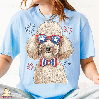 a woman wearing a blue shirt with a dog wearing sunglasses