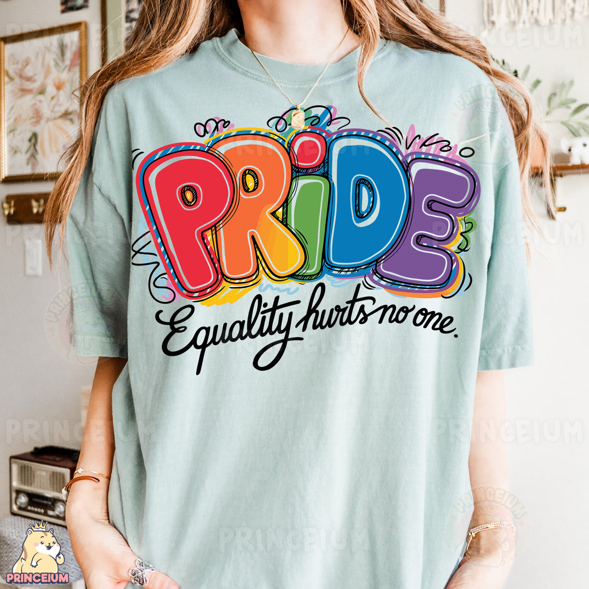 a woman wearing a t - shirt that says pride