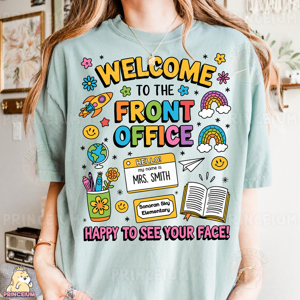 a woman wearing a t - shirt that says, welcome to the front office happy