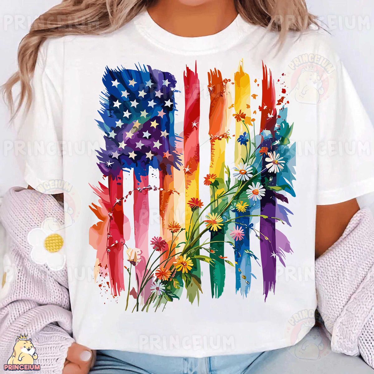a woman wearing a t - shirt with an american flag painted on it