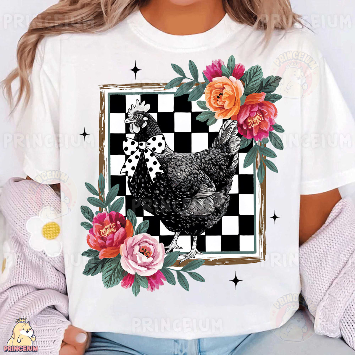 a woman wearing a t - shirt with a chicken and flowers on it