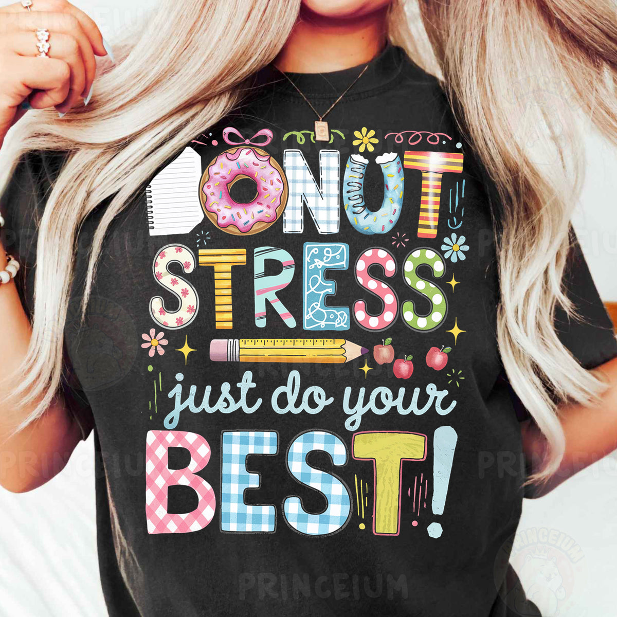 a woman wearing a donut stress t - shirt