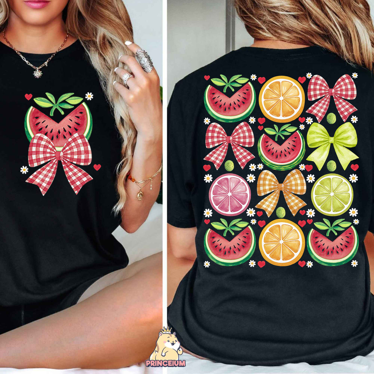 a woman wearing a black shirt with fruit on it
