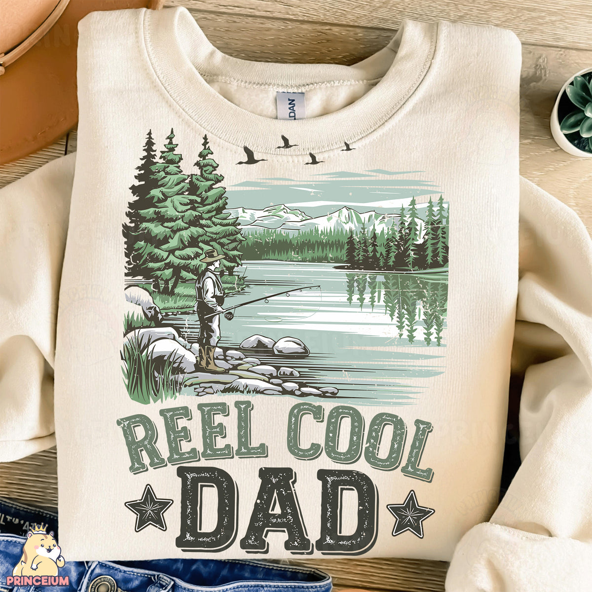 a t - shirt that says reel cool dad with a picture of a man fishing