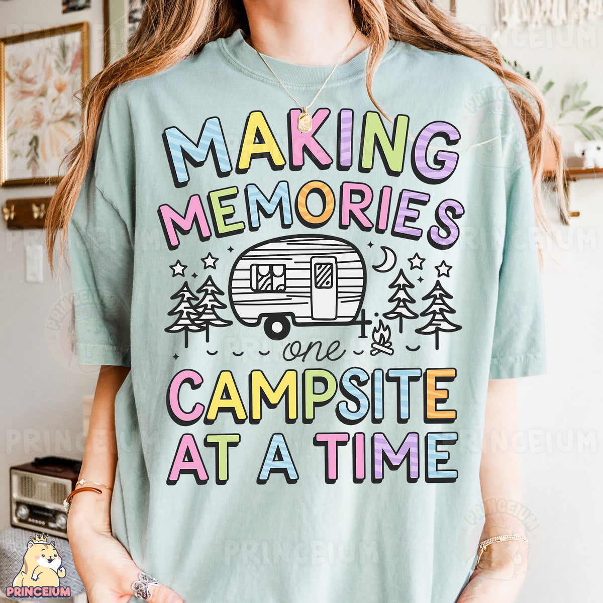 a woman wearing a shirt that says making memories we campsite at a time