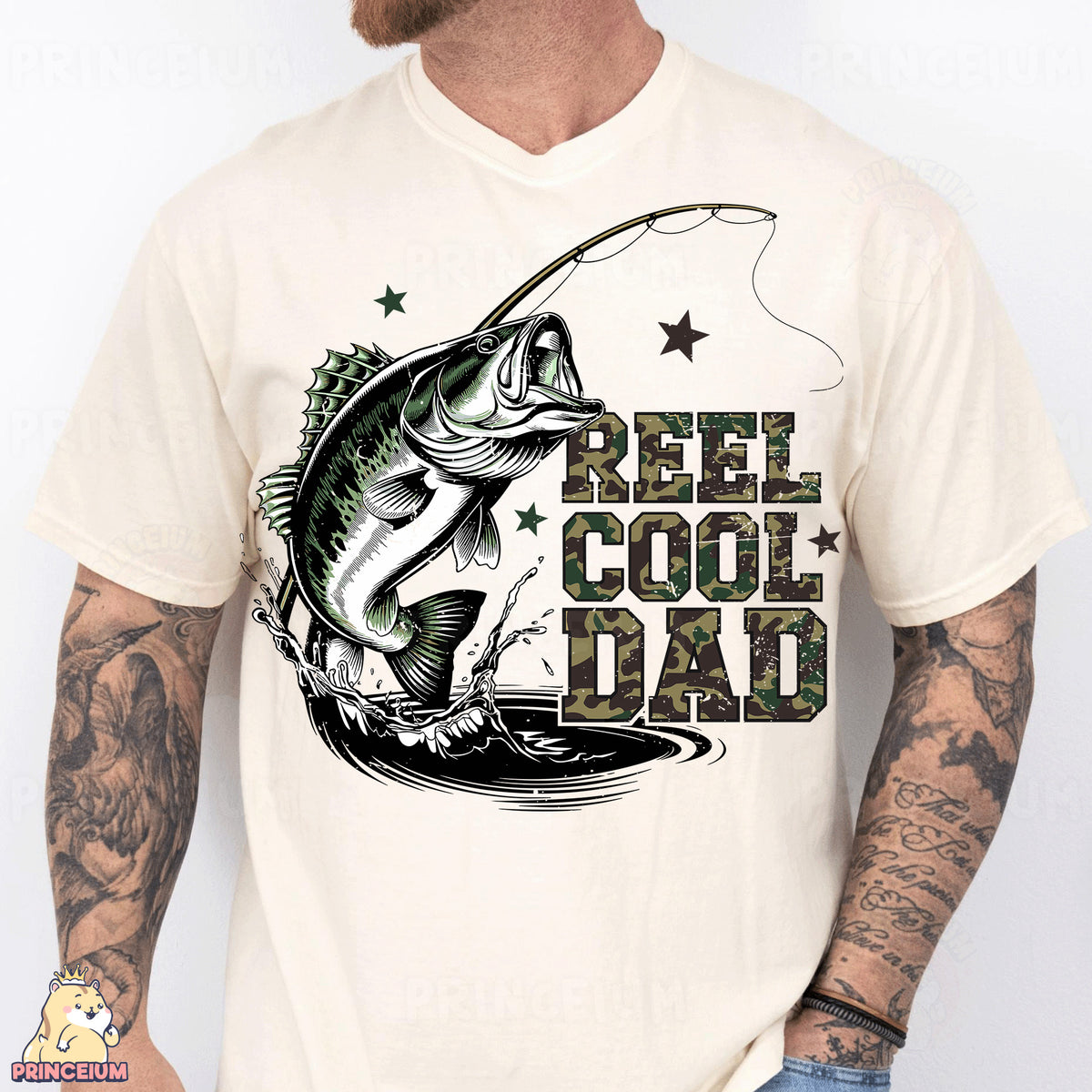 a man wearing a reel cool dad t - shirt