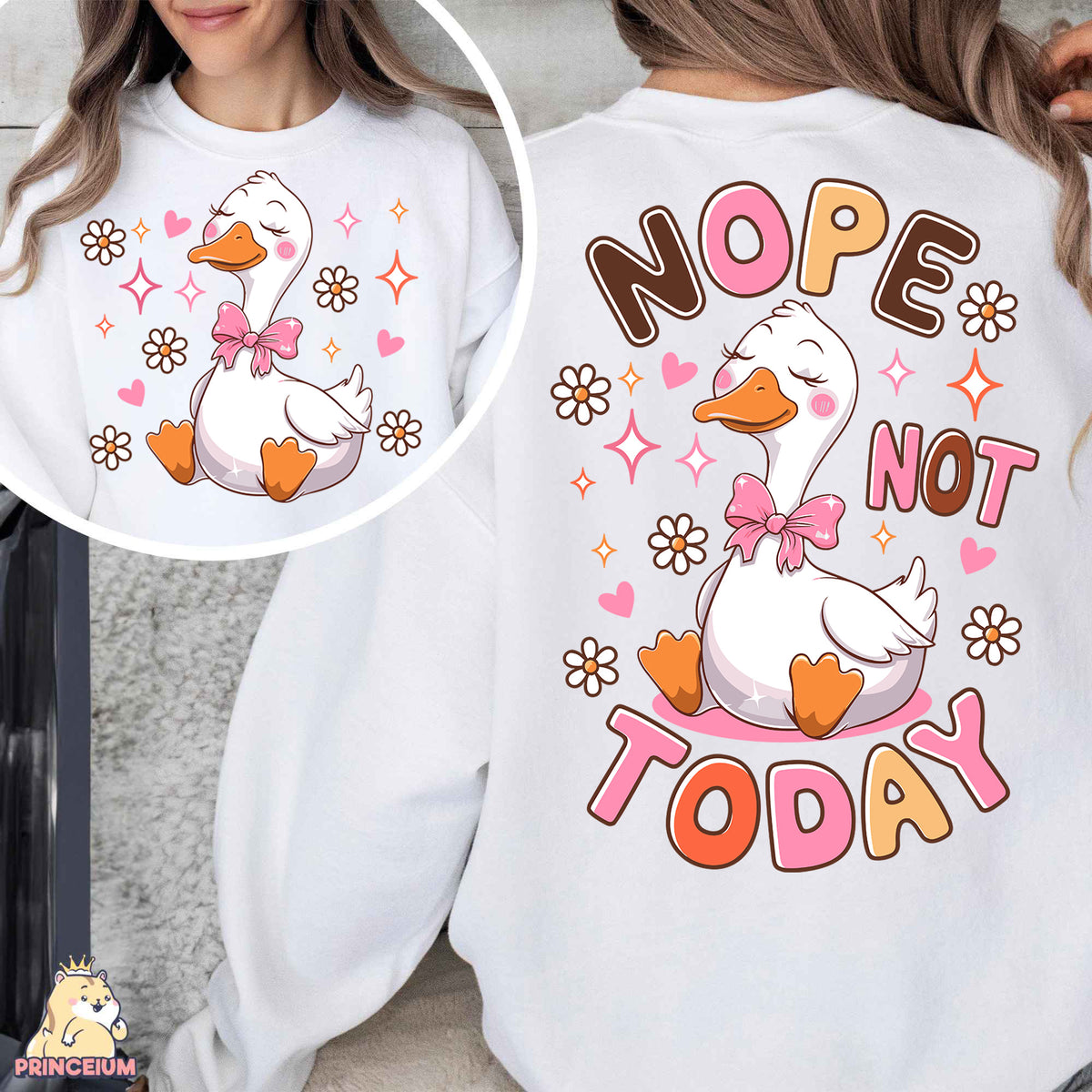 a woman wearing a white shirt with a duck on it