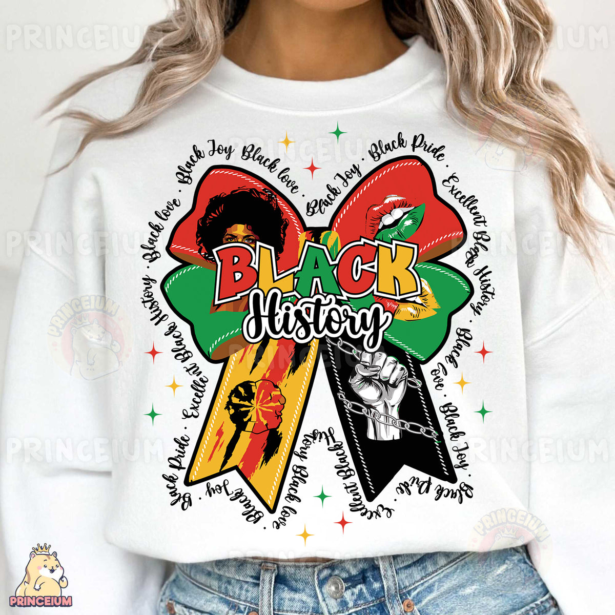 a woman wearing a white sweatshirt with black history on it