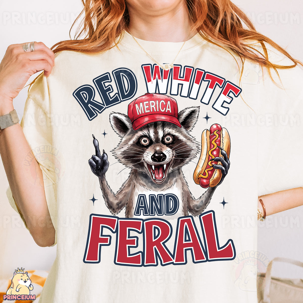 a woman wearing a red white and black shirt with a raccoon eating a