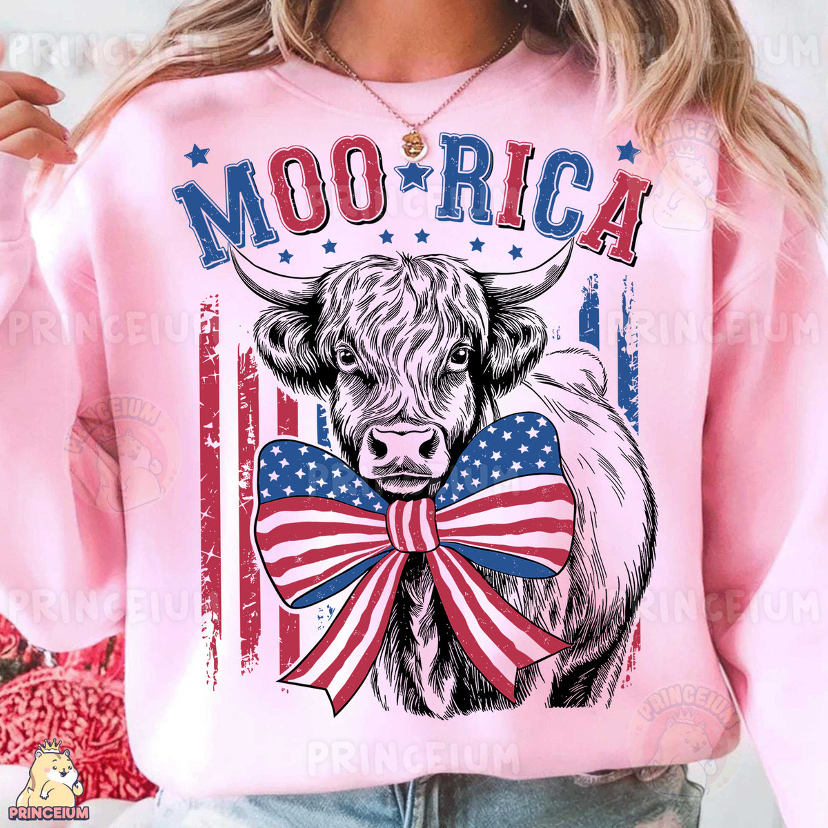 a woman wearing a pink shirt with a cow wearing a bow tie