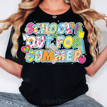 a woman wearing a black shirt that says school is out for summer