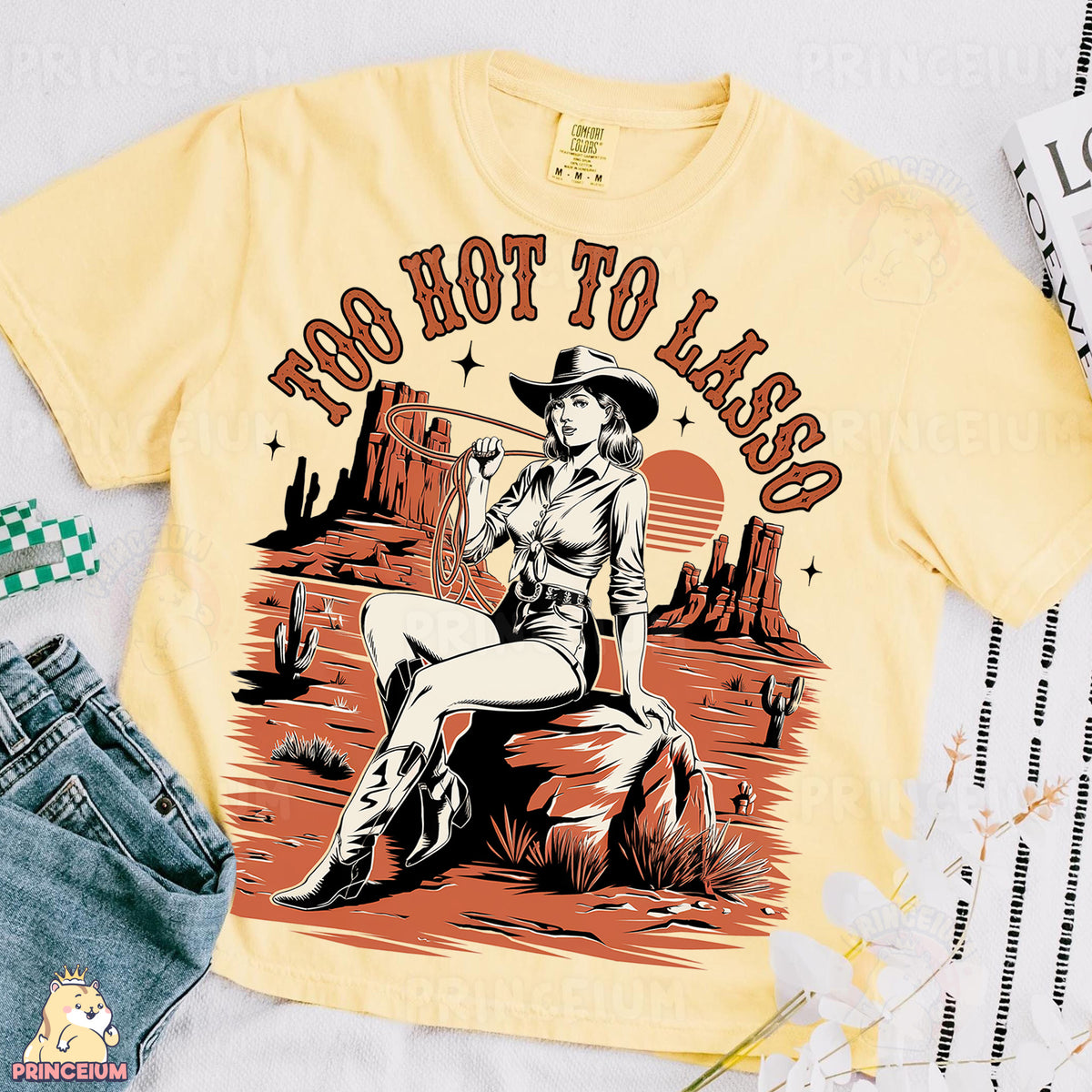 a yellow t - shirt with a picture of a woman on it