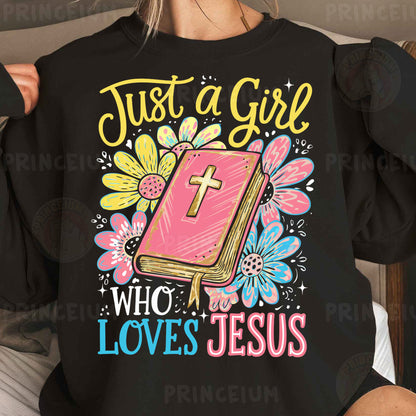 a woman wearing a black shirt that says just a girl who loves jesus