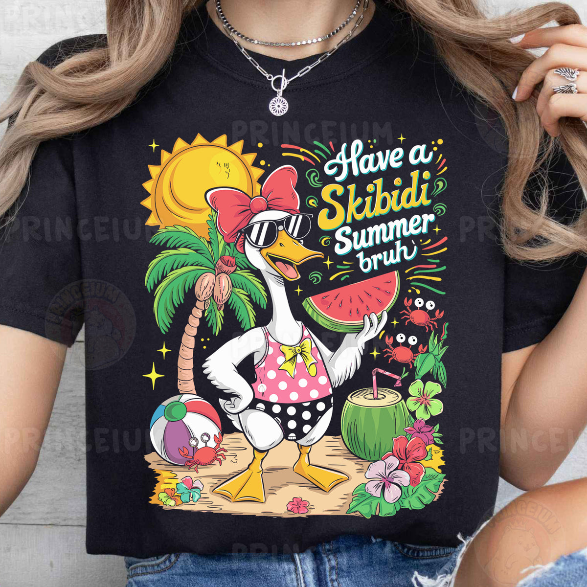 a woman wearing a black shirt with a cartoon duck on it