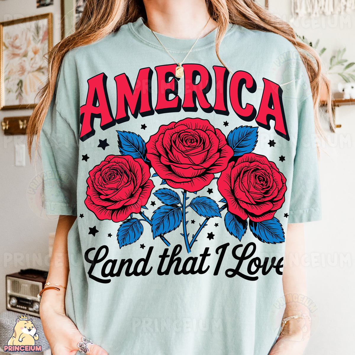 a woman wearing an american land that i love t - shirt