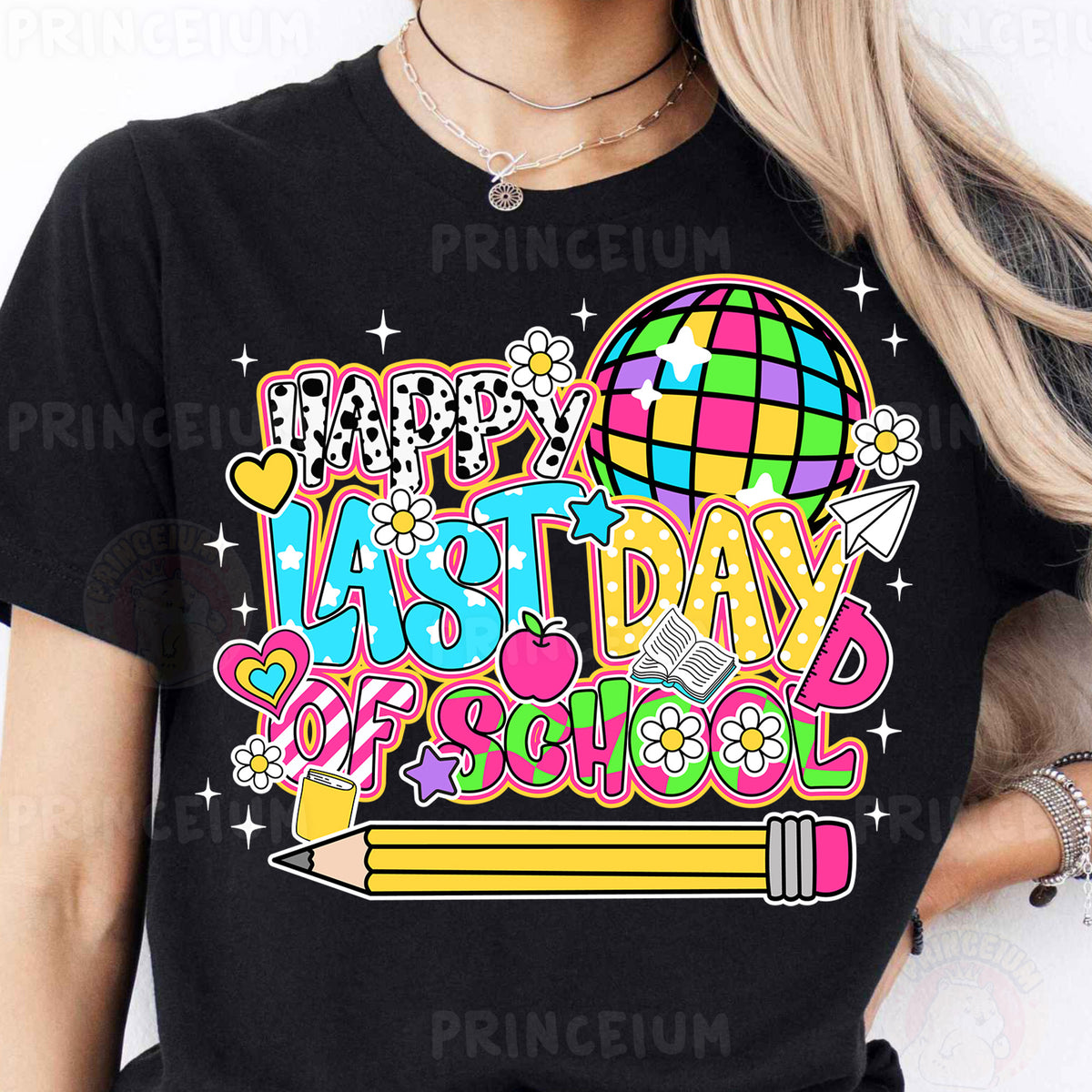 a woman wearing a black t - shirt that says happy last day of school