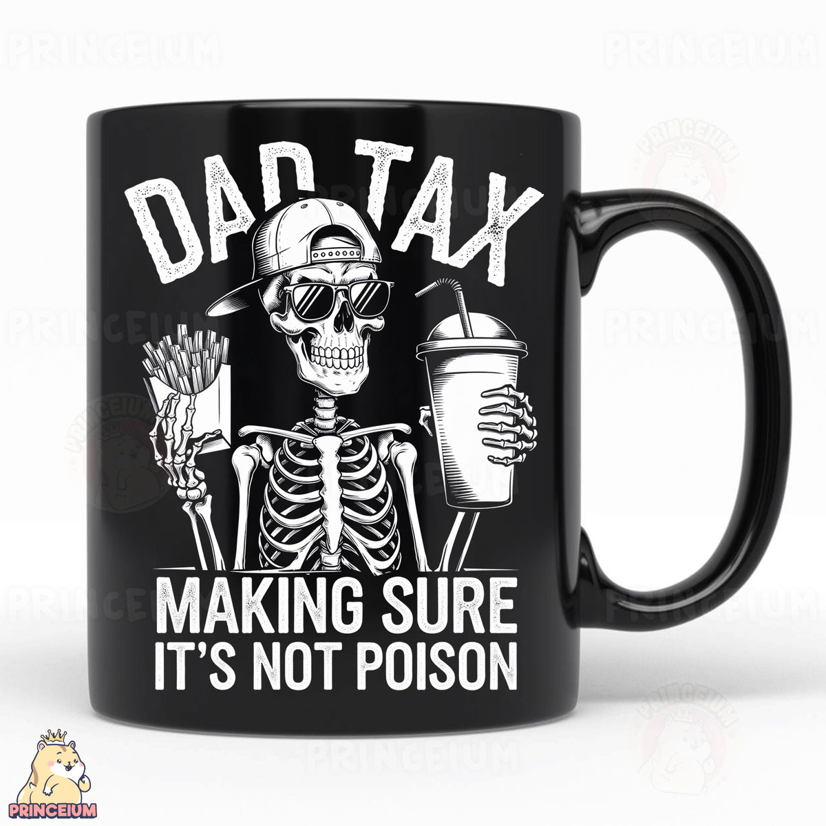 a black coffee mug with a skeleton holding a cup