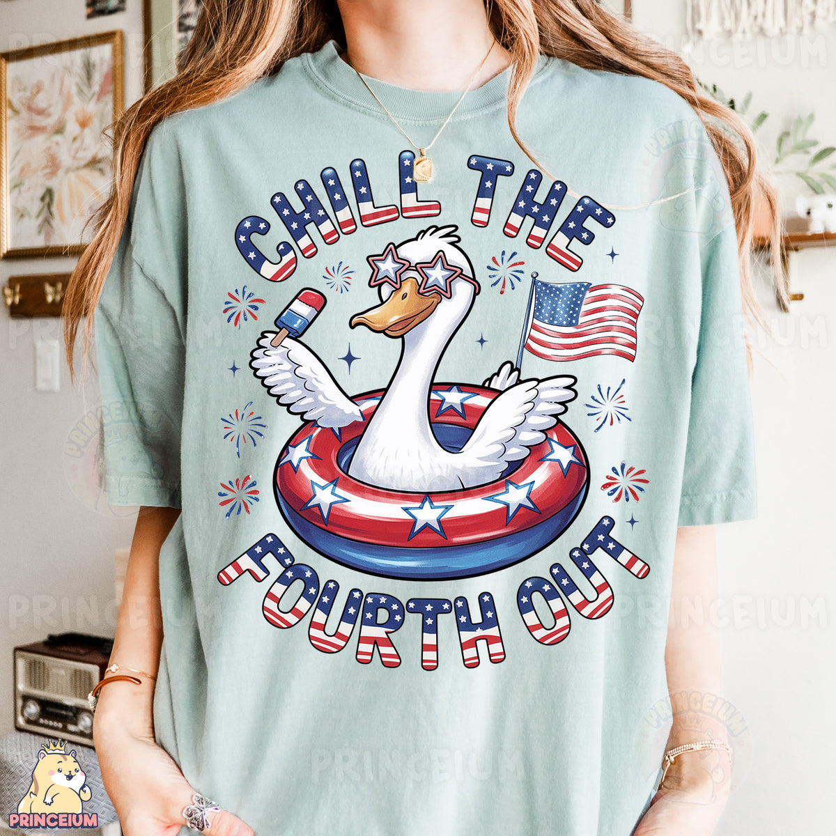 a woman wearing a t - shirt that says chill the fourth of july