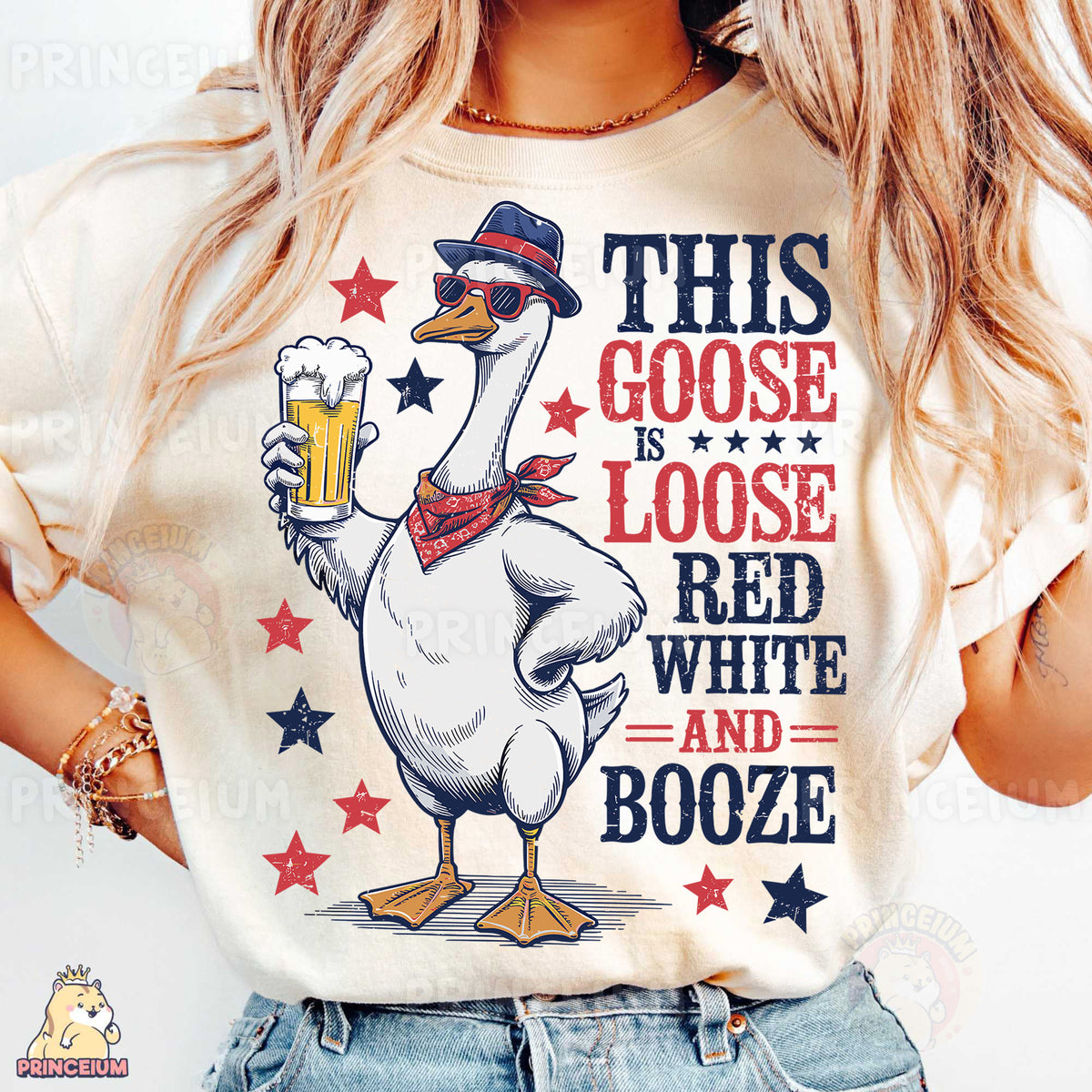 a woman wearing a t - shirt that says this goose is loose and booze