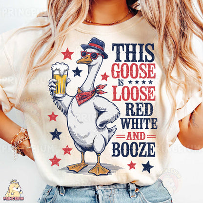 a woman wearing a t - shirt that says this goose is loose and booze