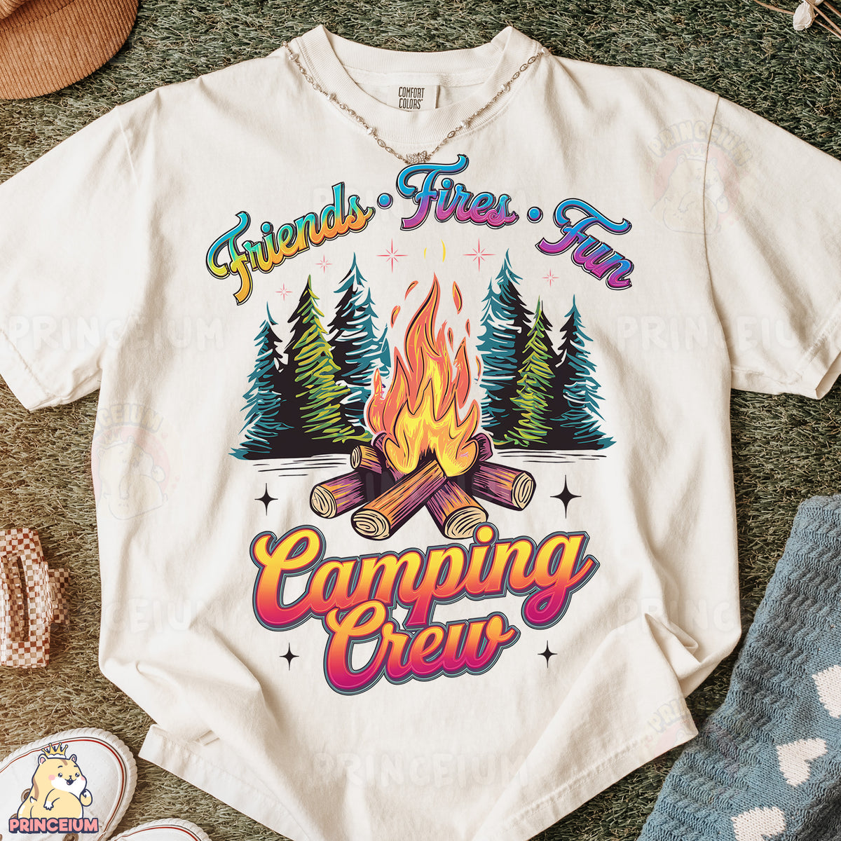 a t - shirt that says friends first camping crew next to a pair of