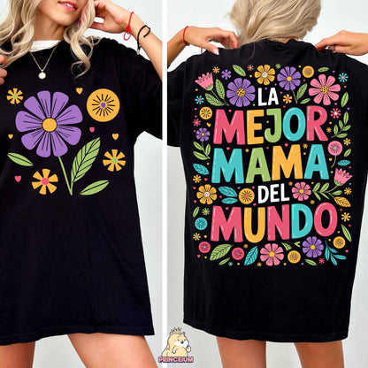 a woman wearing a black t - shirt with colorful flowers on it