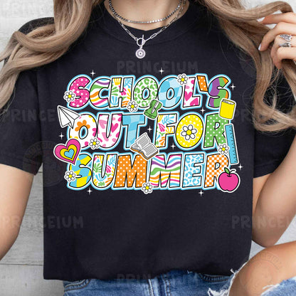 a woman wearing a black shirt that says school is out for summer